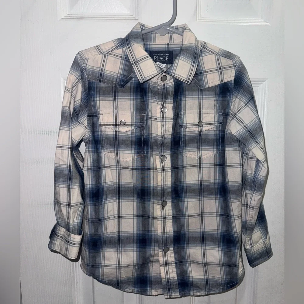 The Children’s Place Boys 4T Blue Cream Plaid Snap Button Shirt